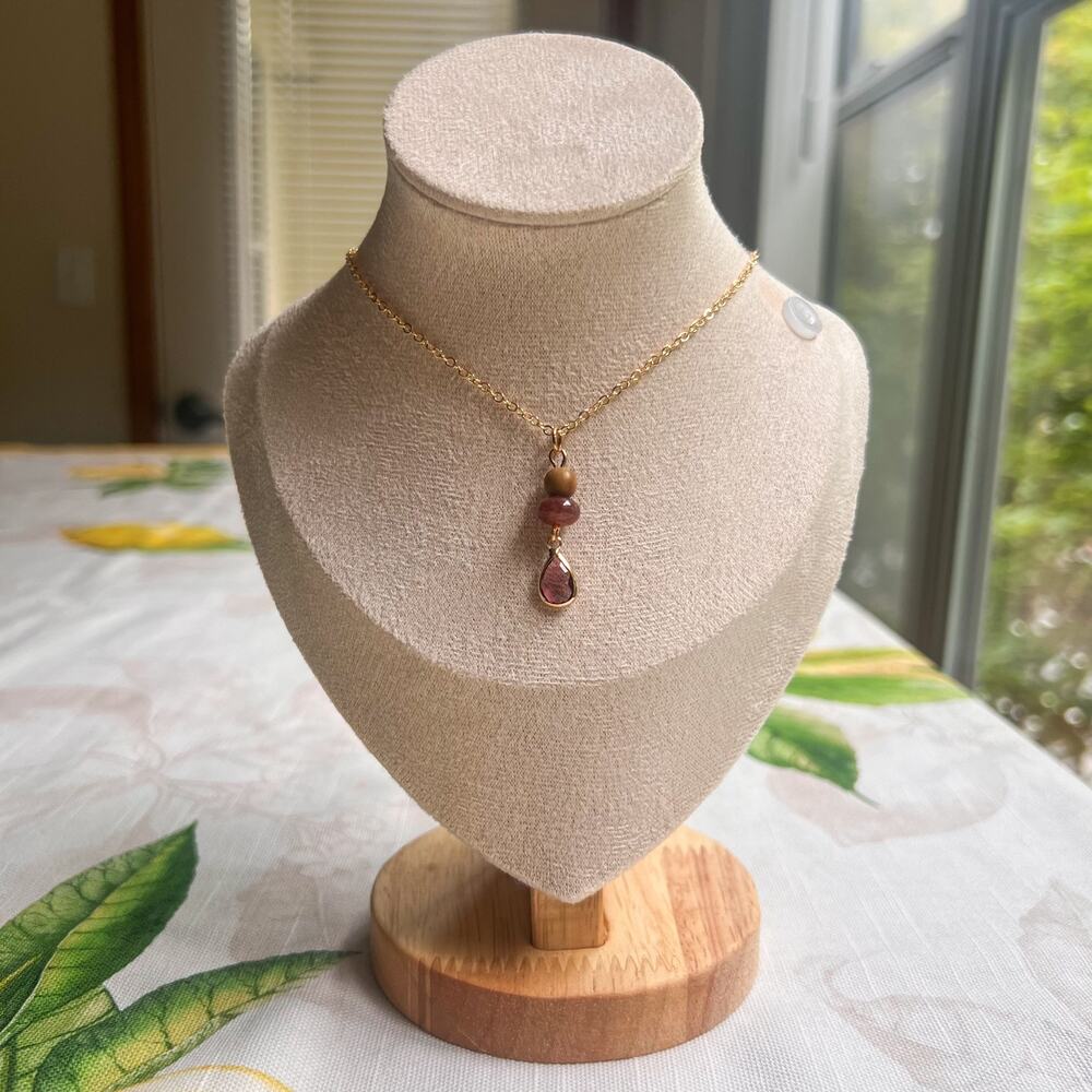 Garnet Necklace, Strawberry Quartz Necklace, Nature Wood Bead Casual Necklace